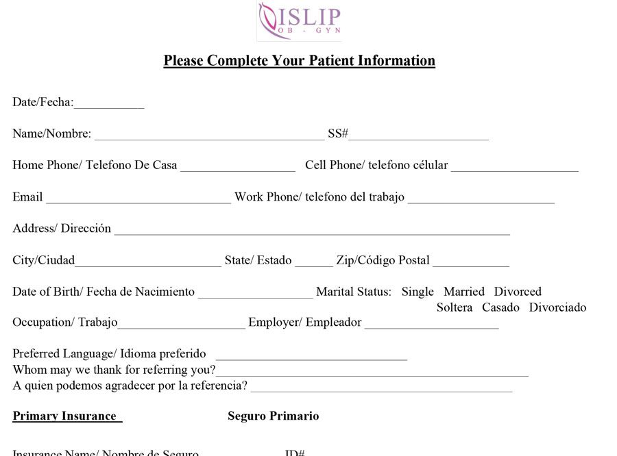 Islip Ob-Gyn New Patient Registration Packet English